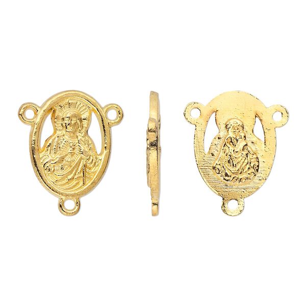 Connector, gold-finished "pewter" (zinc-based alloy), 16x12mm double-sided oval rosary with Sacred Heart of Jesus and Madonna with Christ Child. Sold per pkg of 10. image number 0