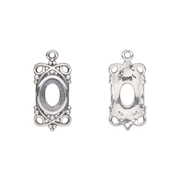 Drop, antiqued sterling silver, 18x9mm overall with 8x6mm oval setting and filigree design with open back. Sold individually. image number 0