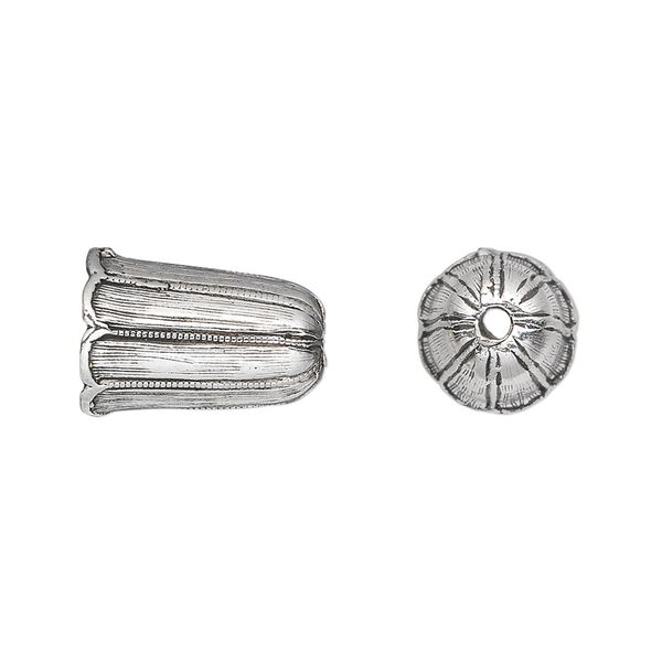 Cord end, antique silver-plated pewter (tin-based alloy), 16x10mm textured bell flower, 8mm inside diameter. Sold per pkg of 2. image number 0