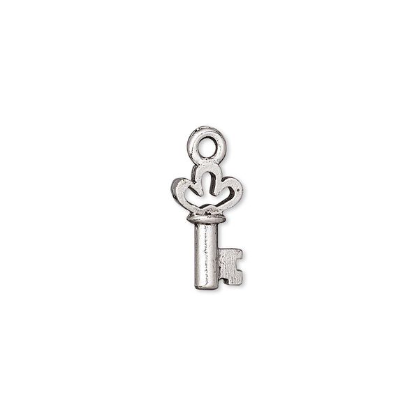 Charm, antique silver-plated pewter (tin-based alloy), 15.5x7mm double-sided key. Sold per pkg of 2. image number 0