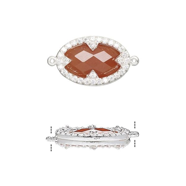 Link, carnelian (dyed / heated) / cubic zirconia / sterling silver, clear, 18x12mm double-sided faceted oval. Sold individually. image number 0