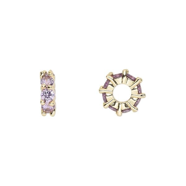 Bead, cubic zirconia and gold-plated brass, amethyst, 10.5x3.5mm rondelle. Sold per pkg of 2. image number 0