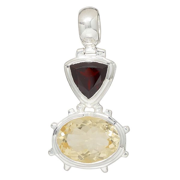 Pendant, citrine (heated) / garnet (natural) / sterling silver, 39x25mm oval and triangle. Sold individually. image number 0