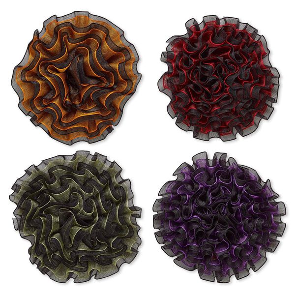 Embellishment, polyester chiffon and felt, assorted dark colors, 4-inch flower. Sold per pkg of 4. image number 0