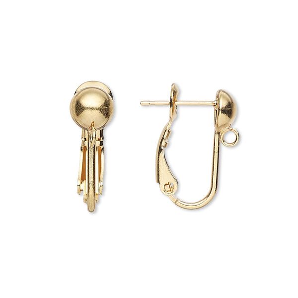Earring, gold-plated brass, 18mm hinged with loop and 6mm ball with post. Sold per pkg of 5 pairs. image number 0
