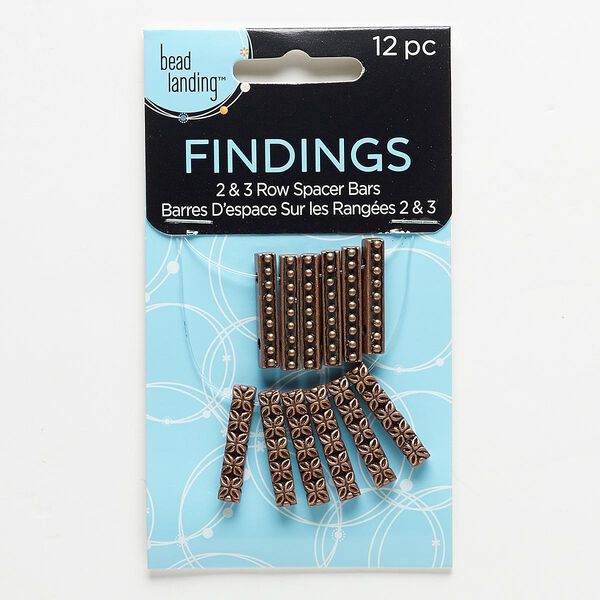 Spacer bar, antiqued copper-finished "pewter" (zinc-based alloy), 23x4mm double-sided 2-strand beaded rectangle and 3-strand rectangle with flower design. Sold per pkg of 12. image number 0