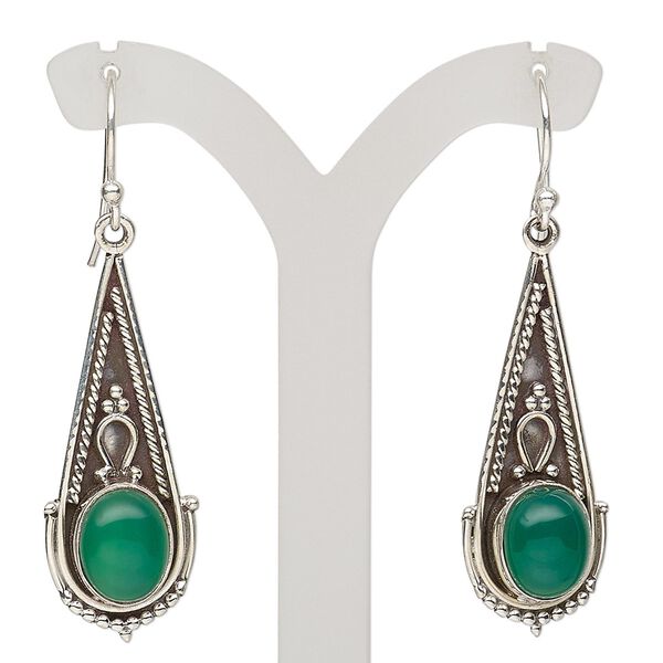 Earring, green onyx (dyed) and antiqued sterling silver, 49mm with fancy teardrop and fishhook ear wire, 21 gauge. Sold per pair. image number 0