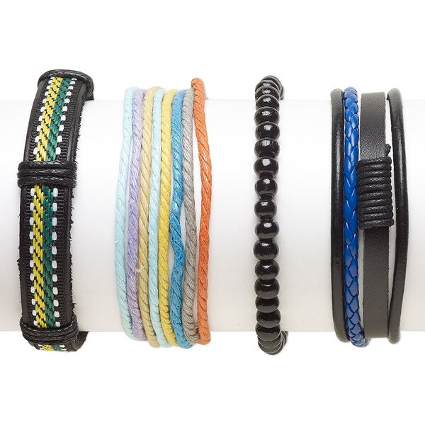 Bracelet mix, Everyday Jewelry, leather (dyed) / faux leather (dyed) / Japanese pagoda wood / waxed cotton cord, multicolored, 5-13mm wide, 7-8 inches. Sold per pkg of 4. image number 0