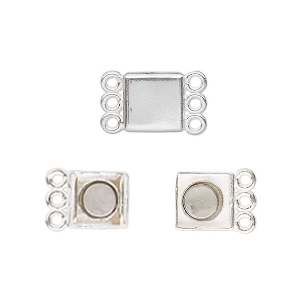 Clasp, JBB Findings, 3-strand magnetic, sterling silver, 8.5x8.5mm square. Sold individually. image number 0