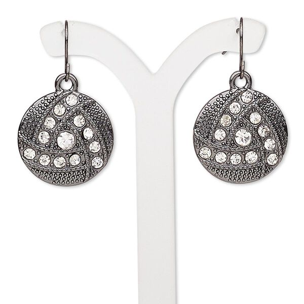 Earring, glass with gunmetal-finished "pewter" (zinc-based alloy) and brass, clear, 31mm with textured round and triangle design with fishhook ear wire. Sold per pair. image number 0