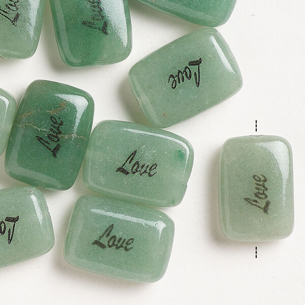 Green aventurine / enamel 1pkg10, puffed rectangle "Love" bead natural B grade, 18x13mm image number 0
