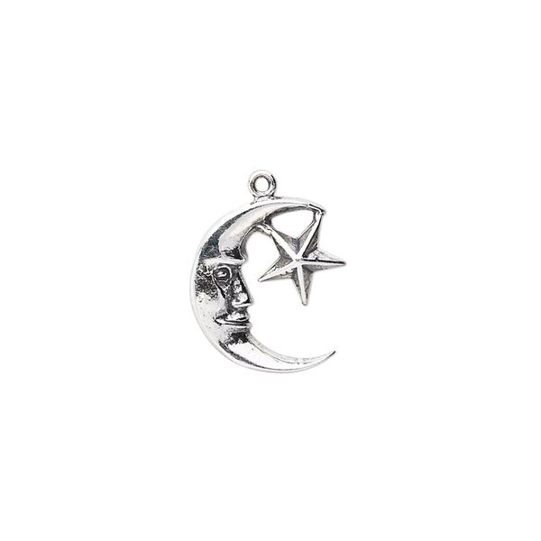 Charm, antiqued sterling silver, 14x12mm moon face with star. Sold individually. image number 0