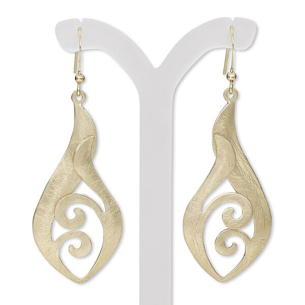 Earring, gold-finished steel and brass, 2-1/3 inches with brushed teardrop and cutout design with fishhook ear wire. Sold per pair. image number 0