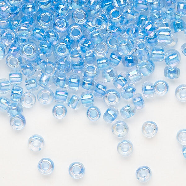 Seed bead, Dyna-Mites™, glass, transparent rainbow inside color blue, #6 round. Sold per 40-gram pkg. image number 0