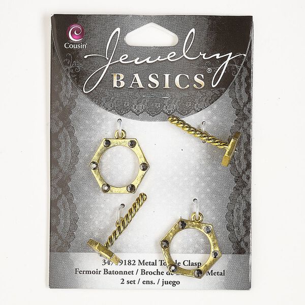 Clasp, toggle, antique gold-finished brass and glass, grey, 22x19mm nut and bolt. Sold per pkg of 2. image number 0