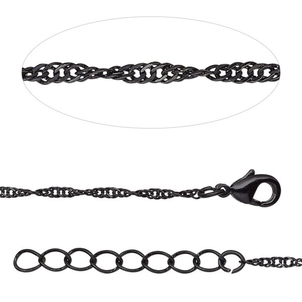 Chain, black-finished brass, 1mm Singapore, 18 inches with 1-inch extender chain and lobster claw clasp. Sold individually. image number 0