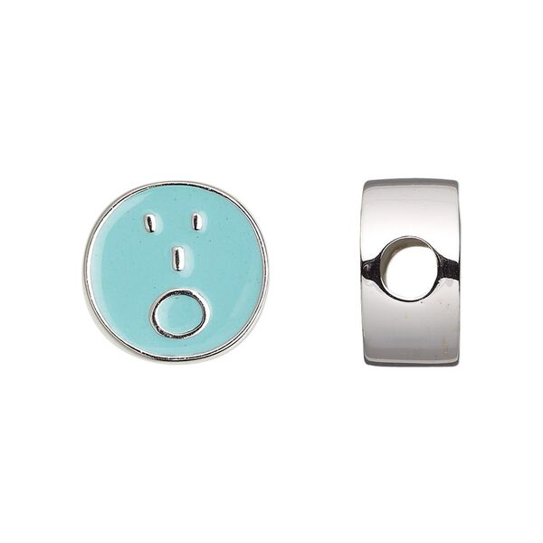 Bead, Dione®, enamel and silver-finished "pewter" (zinc-based alloy), aqua blue, 16mm double-sided flat round with surprised emoticon face and 4mm hole. Sold individually. image number 0