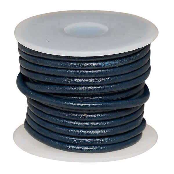 Cord, leather (dyed), navy blue, 2mm round. Sold per 5-yard spool. image number 0
