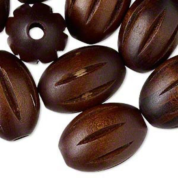 Bead, wood (dyed), dark brown, 30x21mm hand-cut fluted oval. Sold per pkg of 25. image number 0