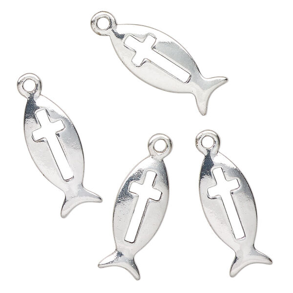 Drop, antique silver-finished "pewter" (zinc-based alloy), 22x19mm Christian fish with cutout cross. Sold per pkg of 4. image number 0