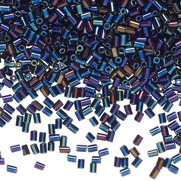 Bugle bead glass 1pk #1 round tube, 50 gram opaque blue iris black image number 0