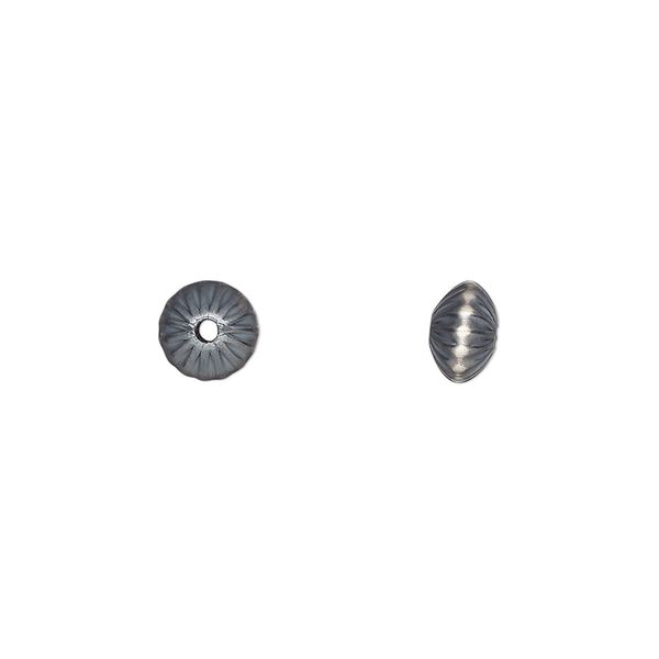 Bead, Navajo pearl style, brushed oxidized sterling silver, 6.5 x 4.5mm corrugated saucer. Sold individually. image number 0
