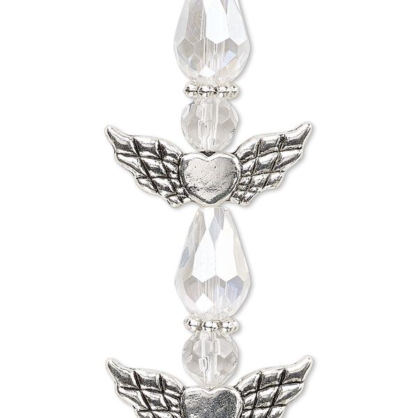 Bead, crystal and antique silver-plated "pewter" (zinc-based alloy), translucent clear AB, 25x22mm angel. Sold per pkg of 4. image number 0