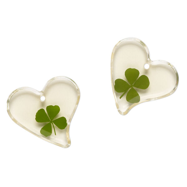 Drop, acrylic and paper, pale yellow and green, 21-22mm flat heart with pressed 4-leaf clover. Sold per pkg of 2. image number 0