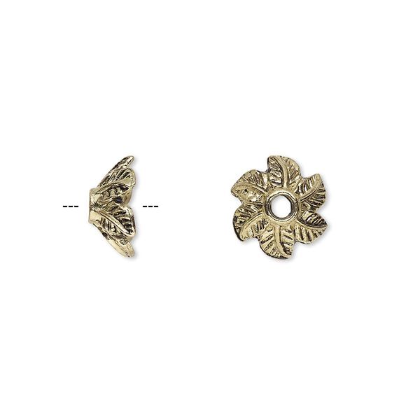 Bead cap, antique gold-finished "pewter" (zinc-based alloy), 10x5mm leaf with 2.5mm hole, fits 8-12mm bead. Sold per pkg of 20. image number 0