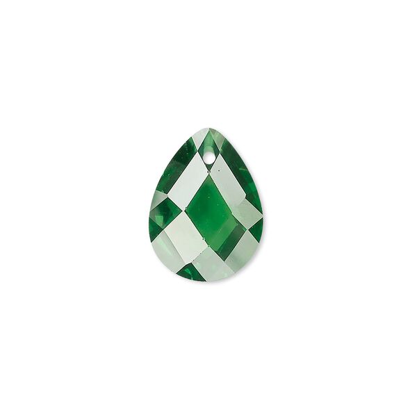 Drop, cubic zirconia, emerald green, 16x12mm hand-faceted teardrop, Mohs hardness 8-1/2. Sold per pkg of 2. image number 0
