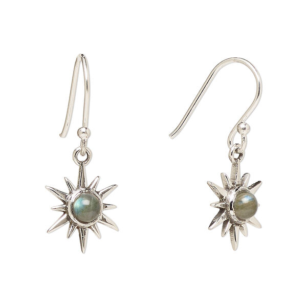 Ear wire, Create Compliments®, antiqued sterling silver and labradorite (natural), fishhook, 27mm with 12mm single-sided star, 21 gauge. Sold per pair. image number 0