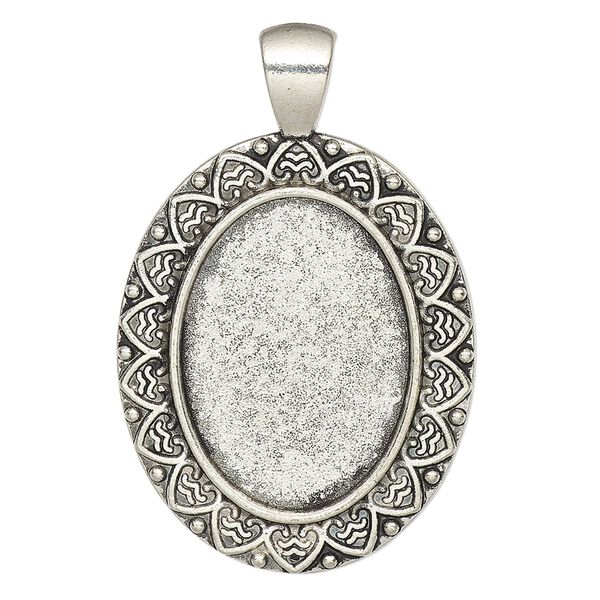 Pendant, glue-in, antique silver-finished "pewter" (zinc-based alloy), 44x28mm single-sided oval with heart design and 25x18mm oval setting. Sold per pkg of 2. image number 0