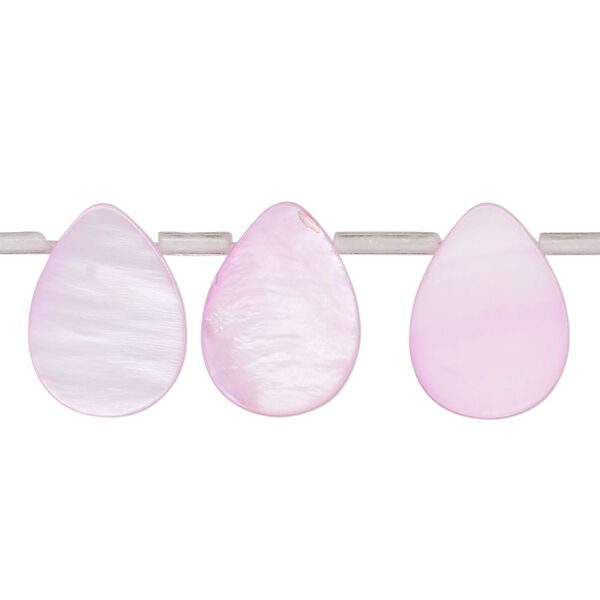 Bead, mother-of-pearl shell (dyed), pink, 14x6mm-16x10mm top-drilled flat teardrop, Mohs hardness 3-1/2. Sold per 13-inch strand, approximately 25 beads. image number 0