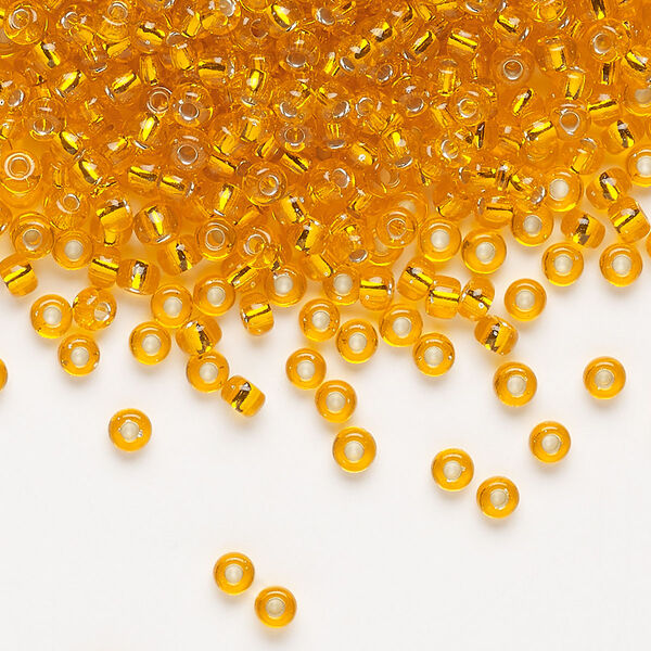 Seed bead, Miyuki, glass, pkg/50g, #8 rocaille, transparent silver-lined light orange (RR-7). image number 0
