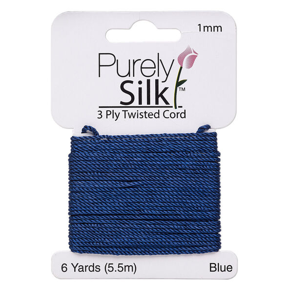 Cord, Purely Silk™, 3-ply, dark blue, 1mm twisted. Sold per 6-yard card. image number 0