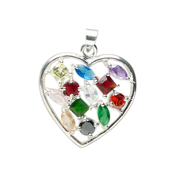 Pendant, silver-finished "pewter" (zinc-based alloy) and glass, mixed colors, 24x23mm heart. Sold individually. image number 0