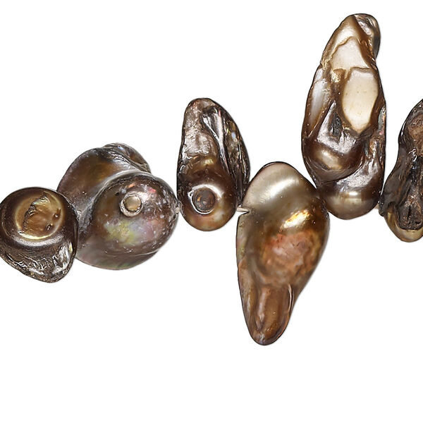 Pearl, cultured freshwater (dyed), antique brown, 10x8mm-26x13mm baroque with 0.4mm hole, D grade, Mohs hardness 2-1/2 to 4. Sold per 15-inch strand. image number 0
