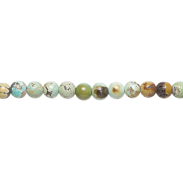 Bead, turquoise (stabilized), green-brown, 3-4mm round with 0.4-1mm hole, D grade, Mohs hardness 5 to 6. Sold per 15-inch strand. image number 0