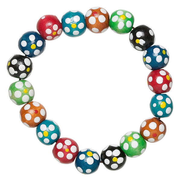 Bracelet, stretch, painted wood, multicolored, 10mm round with flower design, 5 inches. Sold per pkg of 12. image number 0