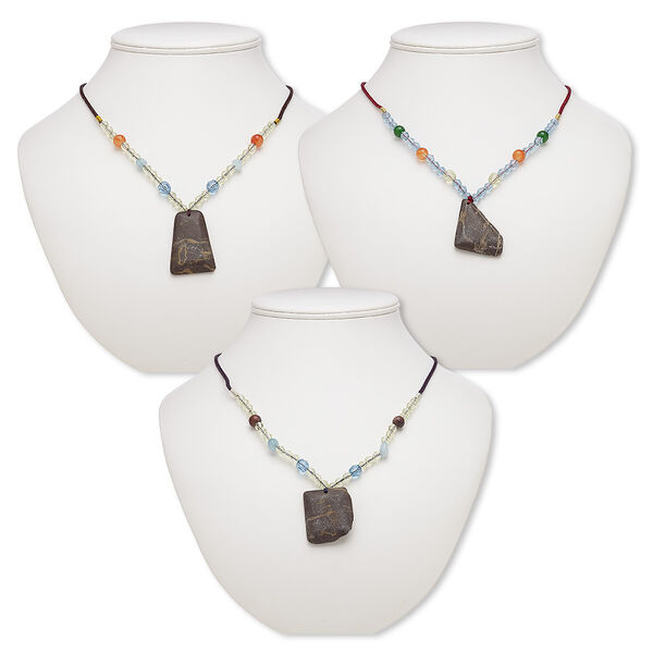 Multi-gemstone / acrylic / glass 1pkg3, freeform pendant necklace mix continuous loop 20 inch 32x27mm-48x36mm image number 0