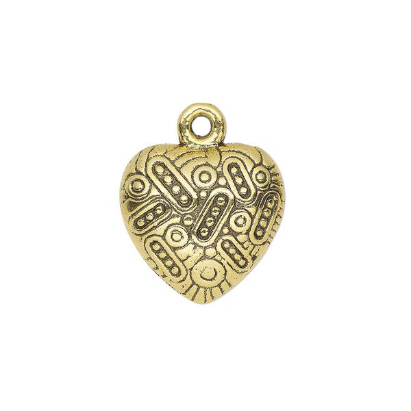 Charm, antique gold-finished "pewter" (zinc-based alloy), 15x14.5mm single-sided heart with dot and oval pattern. Sold per pkg of 10. image number 0