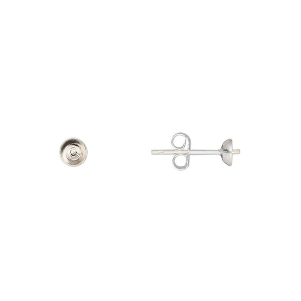 Earstud 1pkg10 sterling silver, 4mm cup / 2.25mm peg / 4-6mm half-drilled round setting / earnuts, 5 pair image number 0