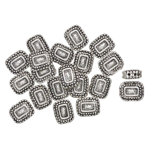 Bead, antique silver-finished "pewter" (zinc-based alloy), 14x11mm-14x12mm 2-strand beaded puffed rectangle, fits up to 3mm round beads. Sold per pkg of 20. image number 0
