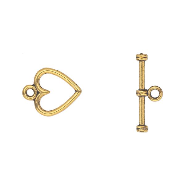 Clasp, toggle, antique gold-finished "pewter" (zinc-based alloy), 12x12mm double-sided heart. Sold per pkg of 20. image number 0