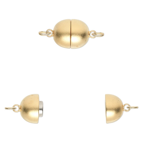 Clasp, magnetic, gold-plated brass, 10x9mm satin oval. Sold individually. image number 0