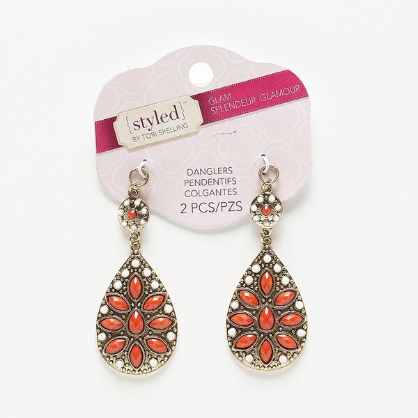 Focal, acrylic with antiqued gold-finished steel and "pewter" (zinc-based alloy), white and red, 60x28mm teardrop. Sold per pkg of 2. image number 0