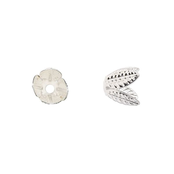 Bead cap, silver-finished steel, 9mm leaves, fits 6-8mm round bead. Sold per pkg of 20. image number 0