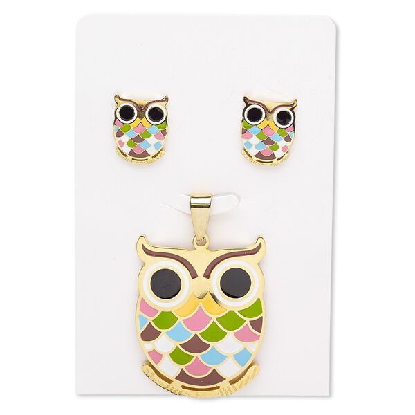 Pendant and earring, enamel and gold-finished stainless steel, multicolored, 40x30mm owl, 16x12mm owl with post. Sold per set. image number 0