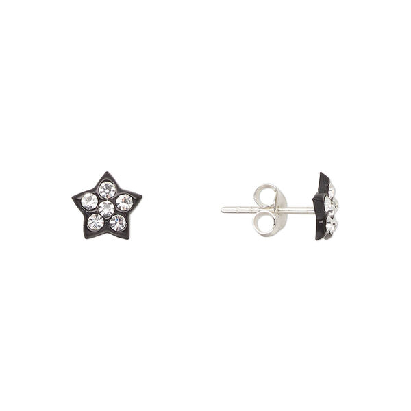 Earstud, Create Compliments®, sterling silver and crystal, black and clear, 7mm star. Sold per pair. image number 0
