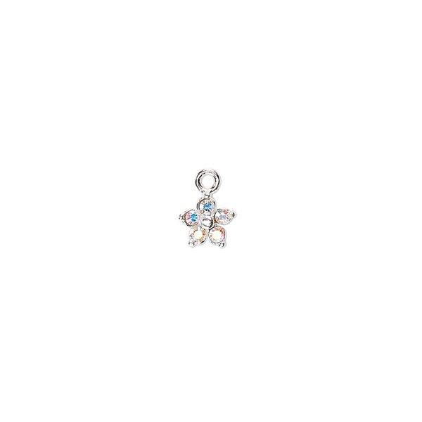 Charm, crystals and sterling silver, crystal AB, 6mm single-sided flower. Sold per pkg of 2. image number 0